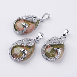 Unakite Natural Unakite Pendants, with Brass Finding, Teardrop with Peacock, Platinum, 33x20x10.5mm, Hole: 5x6.5mm
