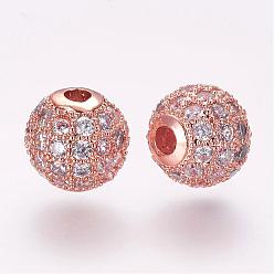 Rose Gold Brass Micro Pave Cubic Zirconia Beads, Round, Clear, Rose Gold, 8mm, Hole: 2mm