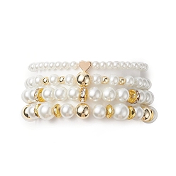 White Glass Imitation Pearl Bead Stretch Bracelets, Brass Heart & Synthetic Hematite Bead Jewelry for Women, White, Inner Diameter: 2~2-1/8  inch(5.2~5.5cm), 4pcs/set