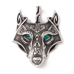 Turquoise 304 Stainless Steel Pendants, with Rhinestone Eyes, Wolf, Turquoise, 49x39x7mm, Hole: 5.5X9.5mm