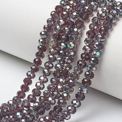 Purple Electroplate Glass Beads Strands, Half Plated, Rainbow Plated, Faceted, Rondelle, Purple, 3.5x3mm, Hole: 0.4mm, about 123~127pcs/strand, 13.7~14.1 inch(35~36cm)