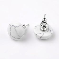Howlite Half Round Dome Natural Howlite Stud Earrings, with Platinum Plated Brass Findings, 18mm, Pin: 0.8mm