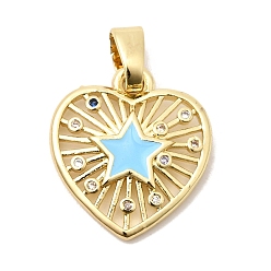 Небесно-голубой Подвески из латуни с прозрачным фианитом, с эмалью, без свинца и без кадмия, долговечный, сердце со звездными подвесками, реальный 18 k позолоченный, голубой, 19x16.5x3 мм, отверстие : 6x3 мм