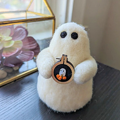 White Felt Ghost Dolls with Embroidery Hoop Display Decorations, Halloween Figurine, for Home Decoration, White, 127x101.6mm