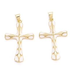 White Brass Enamel Pendants, Real 18K Gold Plated, Long-Lasting Plated, Cross, White, 32.5x21.5x3.5mm, Hole: 5x3mm