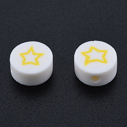 Gold Handmade Polymer Clay Beads, Flat Round with Star, Gold, 9~9.5x4~5mm, Hole: 1.6mm