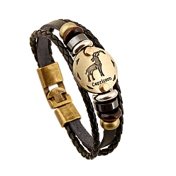 Capricorn Braided Cowhide Cord Multi-Strand Bracelets, Constellation Bracelet for Men, with Wood Bead & Alloy Clasp, Capricorn, 7-7/8~8-1/2 inch(20~21.5cm) 