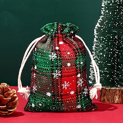 Dark Green Christmas Themed Burlap Drawstring Bags, Rectangle Tartan Pouches for Christmas Party Supplies, Dark Green, 14x10cm