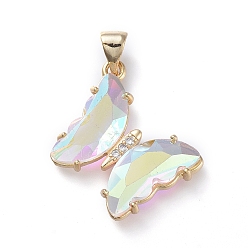 Clear AB Brass Micro Pave Clear Cubic Zirconia Pendants, with Glass, Butterfly, Golden, Clear AB, 24x21.5x4mm