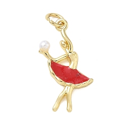 Rot Messing Emaille-Anhänger, abs mit Imitationsperle, Ballettmädchen-Anhänger, Gestell, langlebig überzogen, cadmiumfrei und bleifrei, echt 18 k vergoldet, rot, 24.5x17x3.5 mm, Bohrung: 2.5 mm