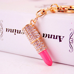 Deep Pink Crystal Rhinestone Lipstick Keychains, with Enamel, KC Gold Plated Alloy Charm Keychain, Deep Pink, 11cm