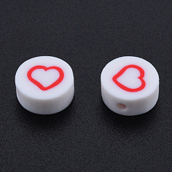 Red Handmade Polymer Clay Beads, Flat Round with Heart, Red, 9~9.5x4~5mm, Hole: 1.6mm