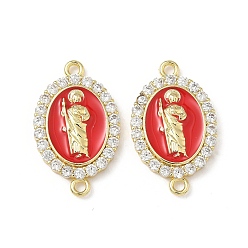 Красный Латунный микропаве прозрачный кубический цирконий эмалированный овал с подвесками-соединителями Saint Jude, реальный 18 k позолоченный, стойки покрытие, без свинца и без кадмия, долговечный, красные, 27x16.5x4 мм, отверстие : 1.8 мм