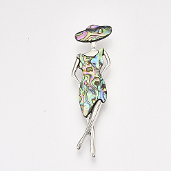 Colorful Abalone Shell/Paua Shell Brooches/Pendants, with Alloy Findings and Resin Bottom, Woman, Platinum, Colorful, 81x25x10.5mm, Hole: 6.5x5mm, Pin: 0.6mm