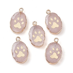 Rose Quartz Natural Rose Quartz Oval Pendants, Golden Plated Brass Oval Charms with Paw Print, 22~22.5x13~13.5x4.5mm, Hole: 1.6~1.8mm