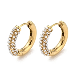 Real 18K Gold Plated Ion Plating(IP) 304 Stainless Steel Huggie Hoop Earrings, Plastic Imitation Pearl Jewelry for Women, Real 18K Gold Plated, 20x5mm