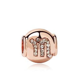 Scorpio Rose Gold Plated Alloy European Beads, with Crystal Rhinestone, Large Hole Beads, Rondelle with Twelve Constellations, Scorpio, 11x11mm