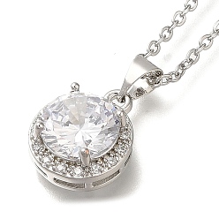 Прозрачный 304 из нержавеющей стали кабель цепи ожерелья, латунные прозрачные кубические цирконии плоские круглые подвески ожерелья, платины и нержавеющая сталь цвет, прозрачные, 17.91 дюйм (45.5 см)