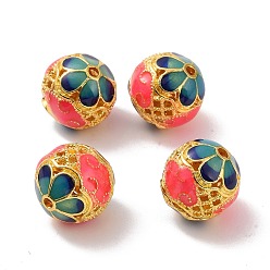 Teal Hollow Alloy Beads, with Enamel, Rondelle with Flower, Matte Gold Color, Teal, 14x13mm, Hole: 2.5mm