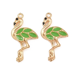 Green Alloy with Enamel Pendants, Flamingo Shape Charms, Light Gold, Green, 29.5x16x3mm, Hole: 1.6mm