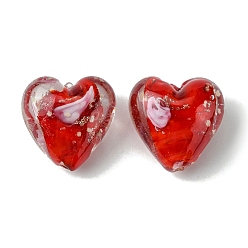 Red Luminous Handmade Gold Sand Lampwork Beads, Glow in the Dark, Heart, Red, 20.5x20.5x12mm, Hole: 1.6mm