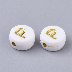 Letter P Plating Acrylic Beads, Golden Metal Enlaced, Horizontal Hole, Flat Round with Alphabet, White, Letter.P, 7x3.5mm, Hole: 1.2mm, about 3600pcs/500g