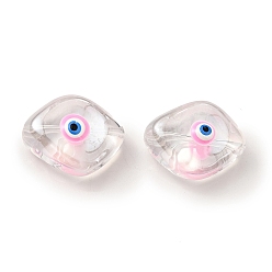 Pearl Pink Transparent Glass Beads, with Enamel, Horse Eye with Evil Eye Pattern, Pearl Pink, 20x16x9.5mm, Hole: 1.4mm