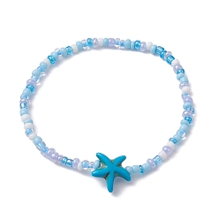 Dodger Blue Glass Seed & Synthetic Turquoise Starfish Beaded Stretch Bracelet for Women, Dodger Blue, Inner Diameter: 2-1/4 inch(5.6cm)