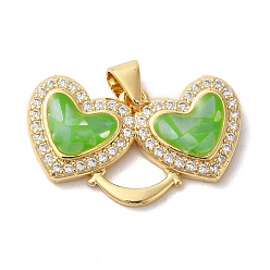 Зеленый Подвески с двойным сердцем из латуни с микропаве и кубическим цирконием, с эмалью и ракушкой, долговечный, без свинца и без кадмия, реальный 18 k позолоченный, зелёные, 15x25x5 мм, отверстие : 4x5 мм