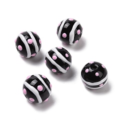 Black Handmade Lampwork Enamel Beads Strands, Round with Polka Dot and Stripe, Black, 12~13mm, Hole: 1.6mm, about 30pcs/strand