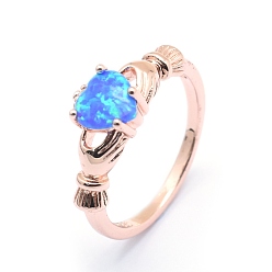 Rose Gold Synthetic Opal Finger Rings, with Cubic Zirconia and Brass Findings, Long-Lasting Plated, Irish Heart, Size 7, Dodger Blue, Rose Gold, 17mm