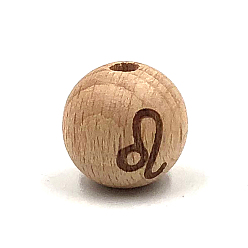Leo Beech Wood Beads, Laser Engraved Bead, Round with Constellation Pattern, BurlyWood, Leo, 16mm, 15pcs/bag