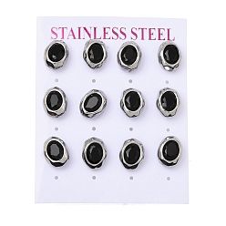 Black 6 Pairs 304 Stainless Steel Pave Cubic Zirconia Stud Earrings, Oval, Stainless Steel Color, Black, 12.5x10mm