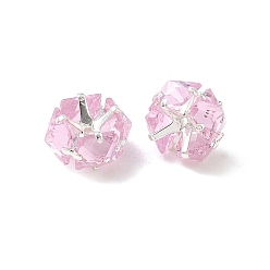 Perle rosa Messing & Glasperlen, facettiert Würfel, Gestell, langlebig überzogen, Bleifrei und cadmium frei, Silbern Silberfarbig, Perle rosa, 8.5x8.5x4.5 mm, Bohrung: 0.5~0.7 mm