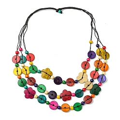 Coloré Fleur de noix de coco naturelle teintée 3 colliers de couches, bijoux bohèmes pour femmes, colorées, 26.26 pouce (66.7 cm)
