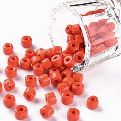 Tomato Opaque Colours Glass Round Bugle Beads, Round Hole, Tomato, 4~6x5~6mm, Hole: 1.8mm, about 2250pcs/pound