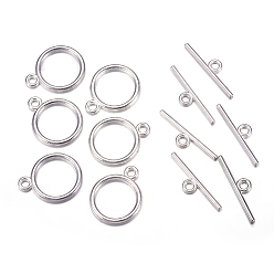 Silver Tibetan Style Toggle Clasps, Flat Round, Cadmium Free & Nickel Free & Lead Free, Silver Color Plated, Flat Round: 15x2mm, Hole: 2mm, Bar: 21mm, Hole: 2mm