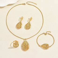 Золотой Комплекты из полых браслетов, серег, ожерелий и колец из нержавеющей стали для женщин, золотые, ожерелья: 16.93 дюйм (43 см)