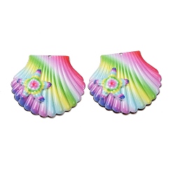Shell Shape Colgantes de hierro estampados con colores del arcoíris, cobre rojo, colorido, forma de concha con dije de estrella de mar, 40x45x4.5 mm, agujero: 1.9 mm