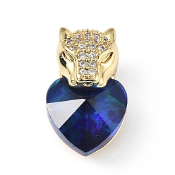 Dark Blue Real 18K Gold Plated Rack Plating Brass Micro Pave Clear Cubic Zirconia Pendants, with Glass, Long-Lasting Plated, Cadmium Free & Lead Free, Leopard with Heart Charm, Dark Blue, 20x12x10.5mm, Hole: 5x4mm