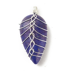 Lapis Lazuli Natural Lapis Lazuli Pendants, with Silver Tone Eco-Friendly Copper Wire Wrapped, Teardrop, 32~33x15~17.5x8~9mm, Hole: 3.2~3.4mm