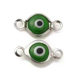 Green 304 Stainless Steel Connector Charms, Flat Round Links with Evil Eye Pattern, with Glass Enamel, Stainless Steel Color, Green, 13x6.5x2.5mm, Hole: 1.5mm