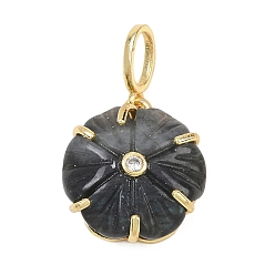 Лабрадорита Резные подвески из натурального лабрадорита, подвески-цветы с латунными подвесками-паве из прозрачных кубических цирконий, золотые, стойки покрытие, 18.5x16.5x7 мм, отверстие : 6x4 мм