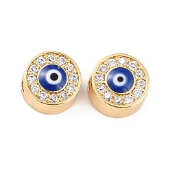 Real 18K Gold Plated Brass Micro Pave Clear Cubic Zirconia Beads, with Enamel, Flat Round with Evil Eye, Real 18K Gold Plated, 9.5x5.5mm, Hole: 2.5mm