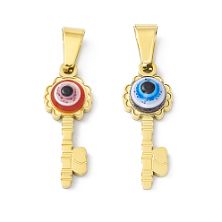 Mixed Color 304 Stainless Steel Resin Pendants, Key Charms with Evil Eye, Golden, Mixed Color, 23x8.5x4mm, Hole: 6.5x3mm