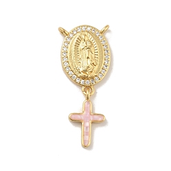 Pink Brass Charms, with Shell, Cadmium Free & Lead Free, Long-Lasting Plated, Oval with Saint & Cross, Real 18K Gold Plated, Pink, 30mm, Hole: 1.5mm