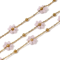 Лавандовый румянец 304 из нержавеющей стали цепи связи цветок, со стеклом, стойки покрытие, долговечный, ионное покрытие (ip), реальный 18 k позолоченный, пайки, с катушкой, лавандовый румянец, 2x1.5x0.4 mm и 7.5x9.5x3 mm