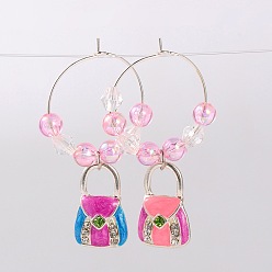 Pink Alloy Enamel Mixed Color Handbag Wine Glass Charms, with Rhinestone, Transparent Acrylic Beads and Brass Hoop Earrings, Platinum, Pink, 47mm, Pin: 0.7mm