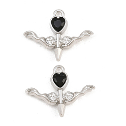 Jet Alloy with Rhinestone Pendants, Arrow with Heart Charms, Rack Plating, Platinum, Jet, 17x22x4mm, Hole: 1.6mm