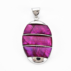 Medium Violet Red Natural Abalone Shell/Paua Shell Big Pendants, with Platinum Brass Findings, Dyed, Oval, Medium Violet Red, 44x26x6mm, Hole: 6x8mm